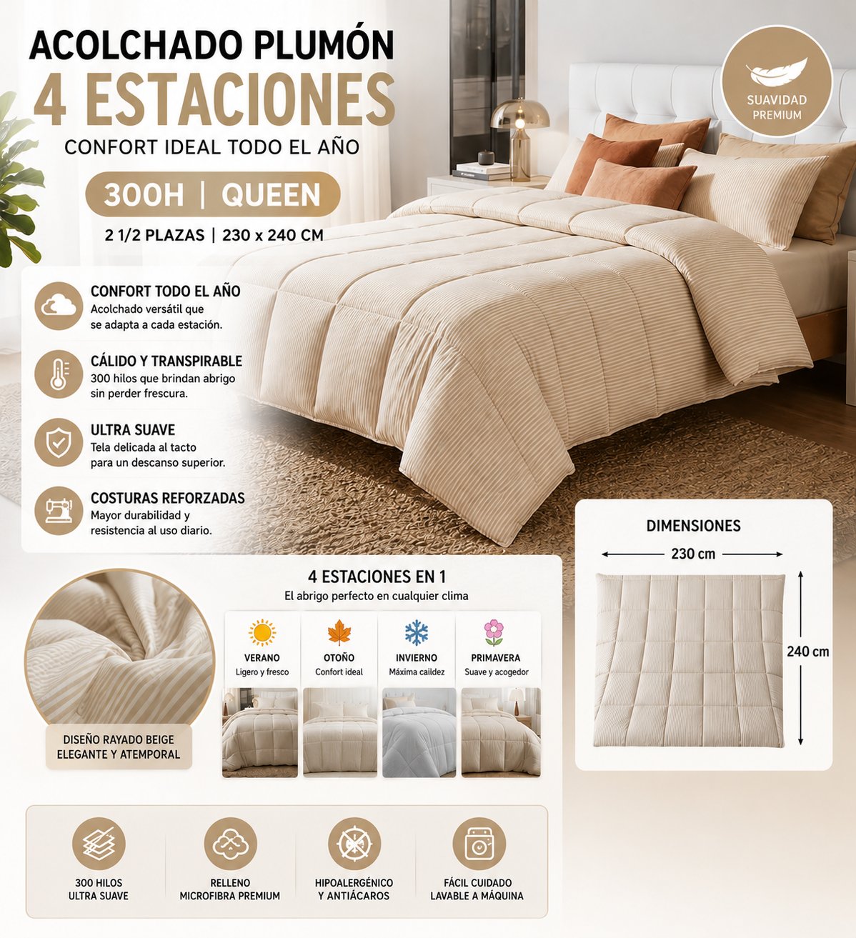 ACOLCHADO PLUMON QUEEN 4 ESTACIONES BEIGE