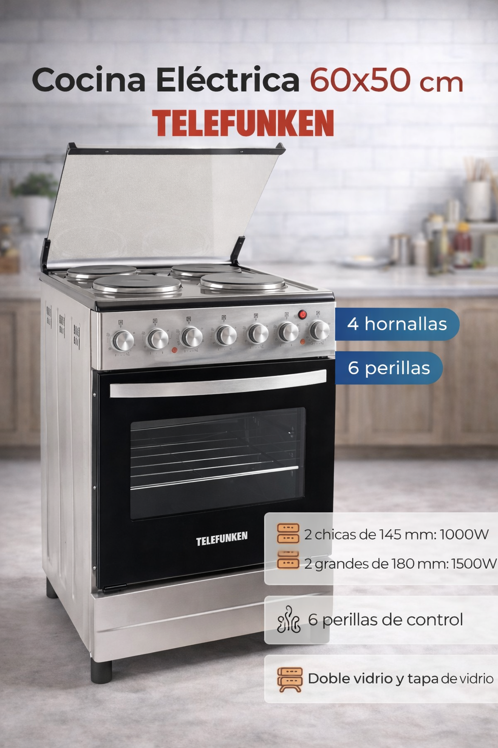 COCINA ELECTRICA GRANDE 60X50 TELEFUNKE ACER INOX