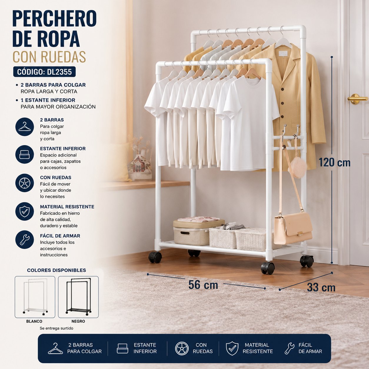 PERCHERO DE ROPA CON RUEDAS 2 BARRAS Y ESTANTE