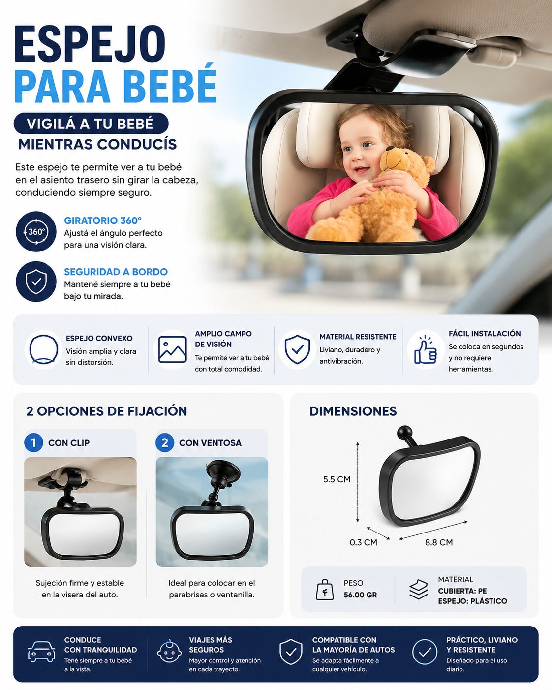 ESPEJO RETROVISOR PARA AUTOS SEGURIDAD BEBÉ